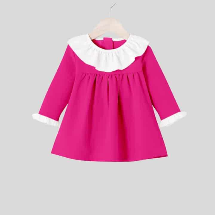 Cute hot pink girls dress with ruffle at neck, full sleeves and gathers at waist-RKFCW139