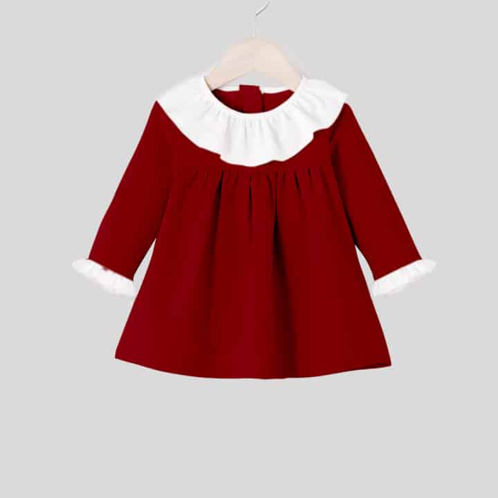 Cute maroon girls dress with ruffle at neck, full sleeves and gathers at waist-RKFCW140