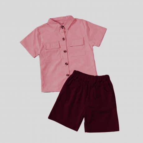 Boys light Pink Button Front Shirt & Maroon elastic Shorts-RKFCW183