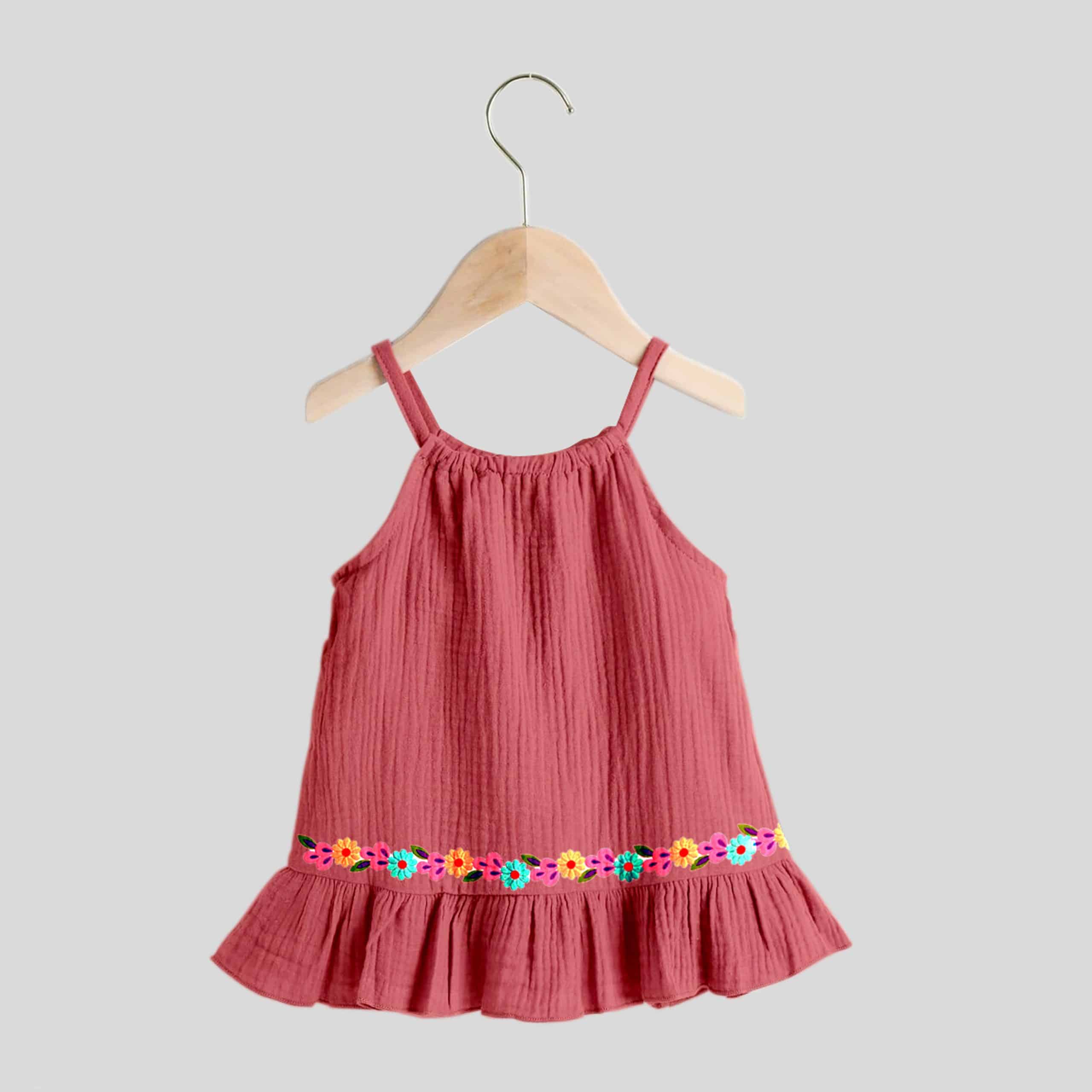 Girls pretty pink sleeveless frill dress with floral print trim-RKFCW250