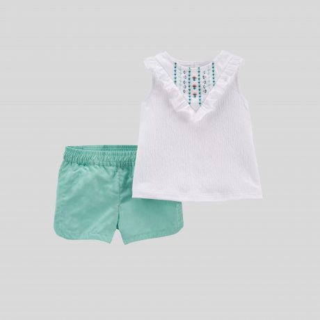 Toddler Sleeveless white Top with Cute embroidery and Shorts set-RKFCTT049