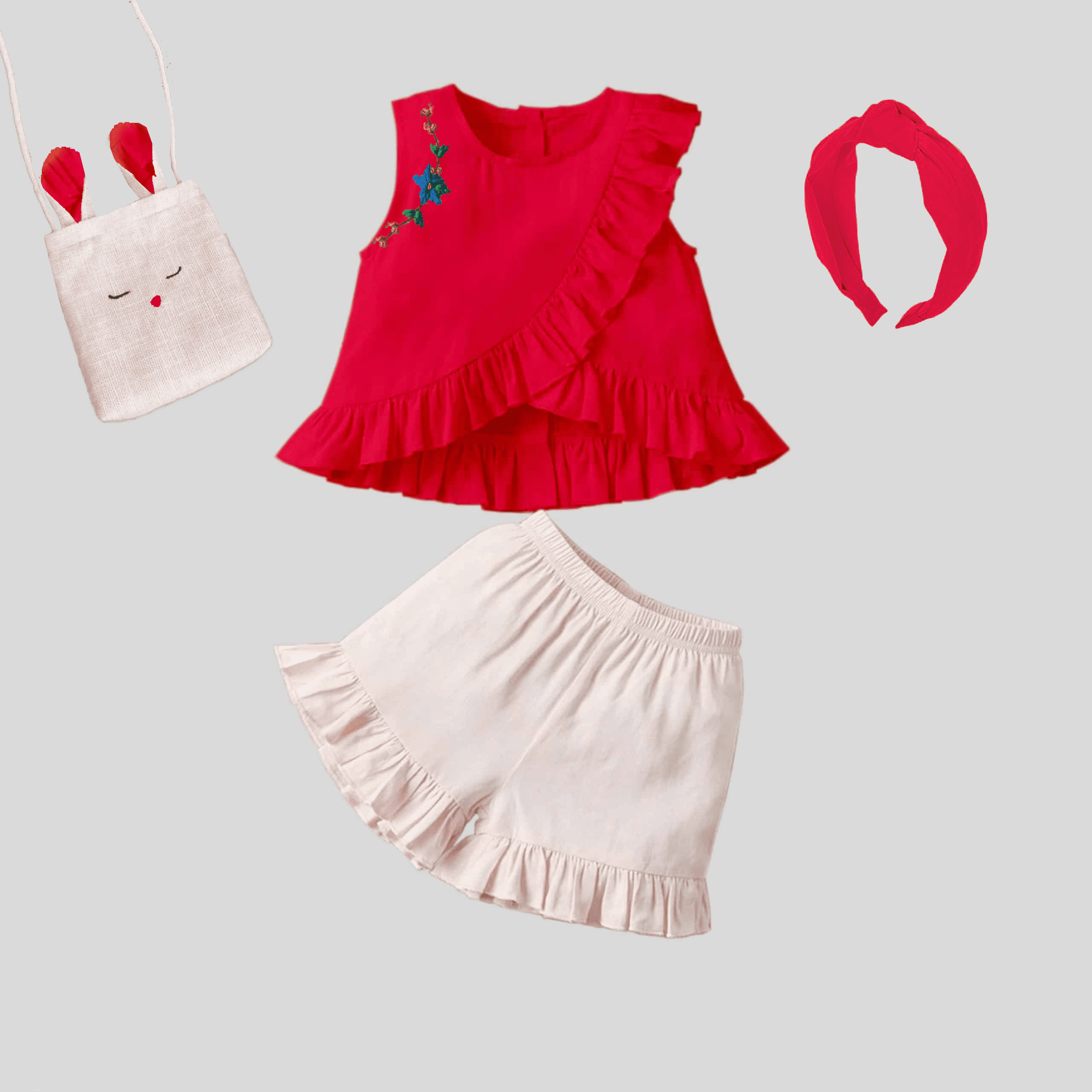 Girls sleeveless red top with cute frill detail and shorts set and free hairband or bag-RKFCW234