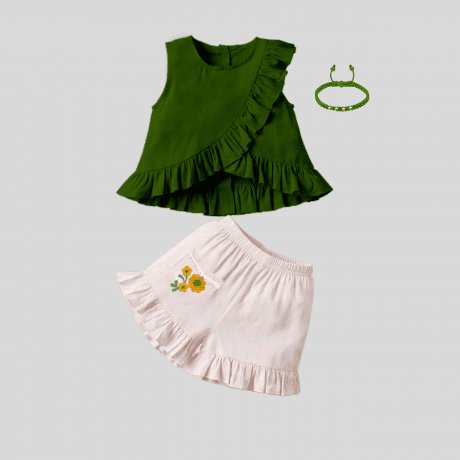 Girls sleeveless green top with cute frill detail and shorts set and free hairband-RKFCW235