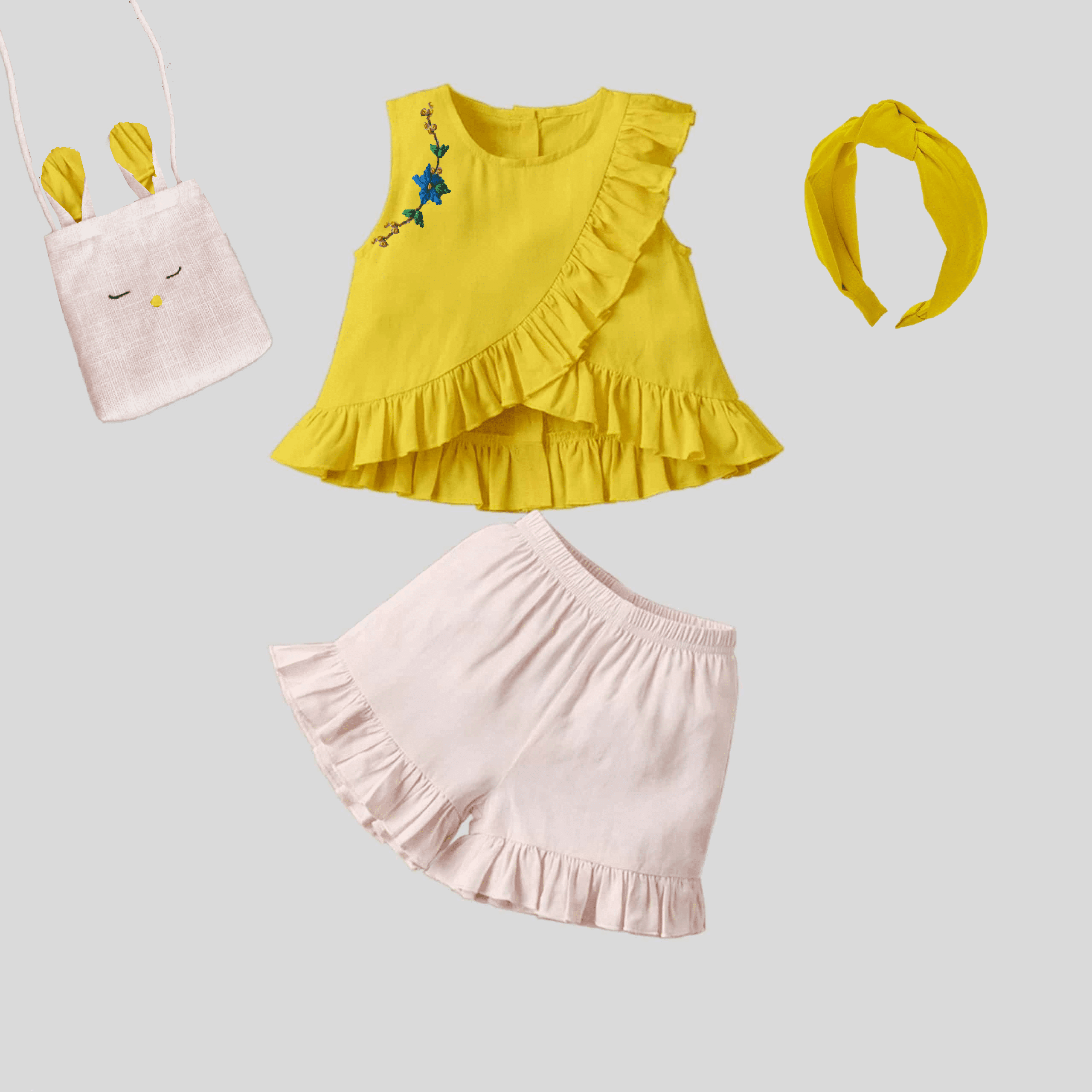 Girls sleeveless yellow top with cute frill detail and shorts set and free bag or hairband-RKFCW232