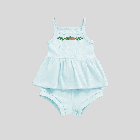 Girls bright ice blue spaghetti top with cute floral print details and shorts set-RKFCW223