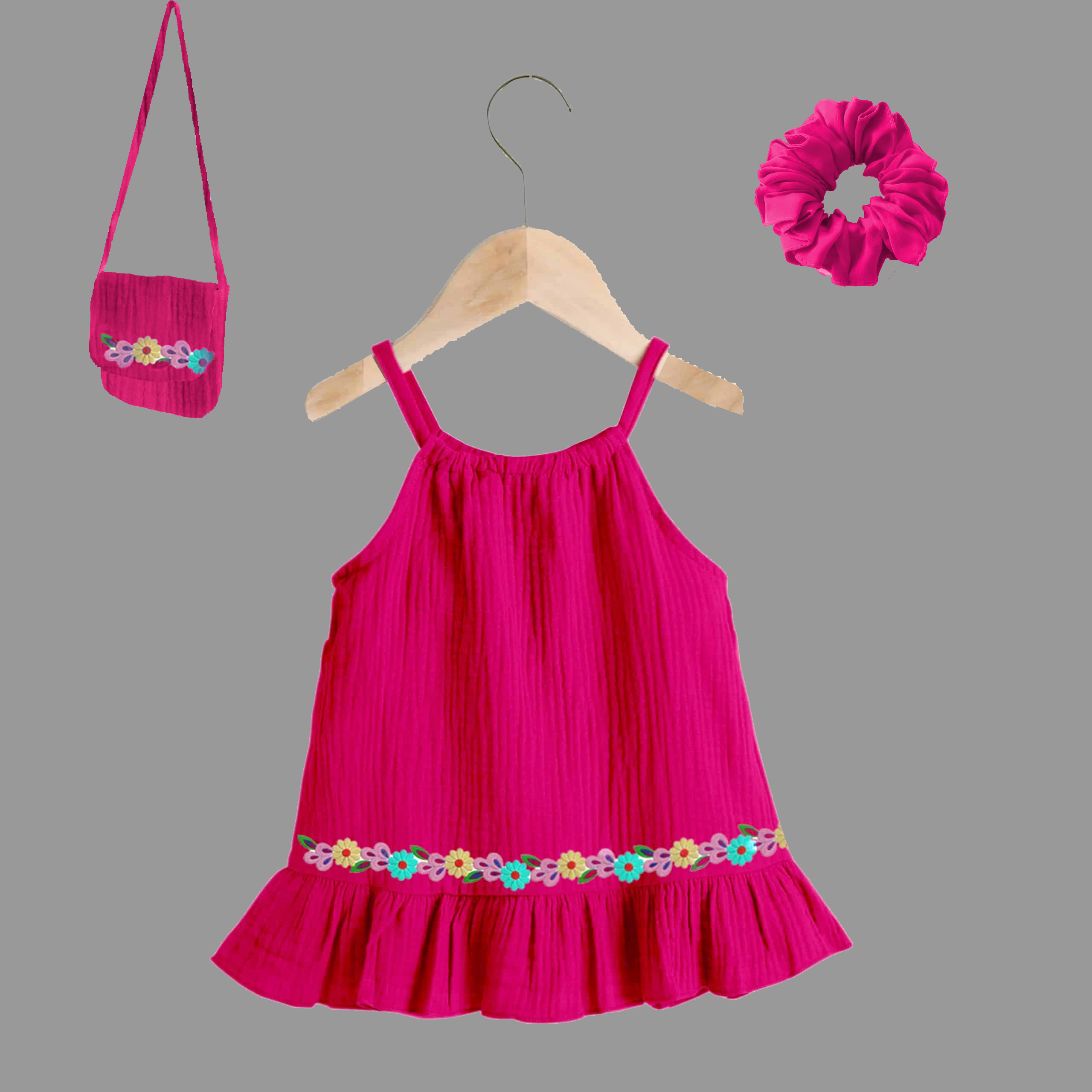 Girls pretty magenta sleeveless frill dress with floral print trim and free bag or scrunchy-RKFCW251