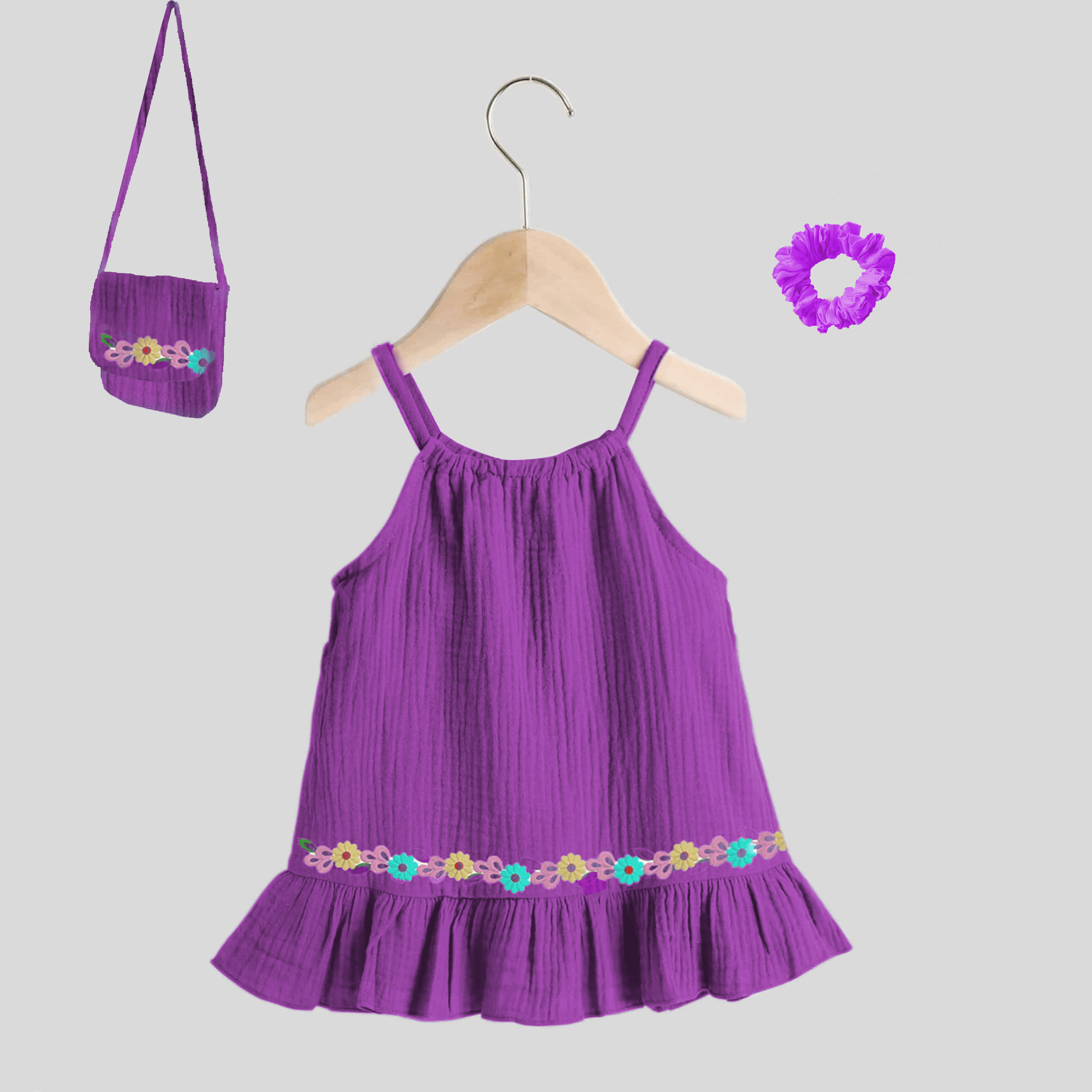 Girls pretty deep purple sleeveless frill dress with floral print trim and free bag or scrunchy-RKFCW252