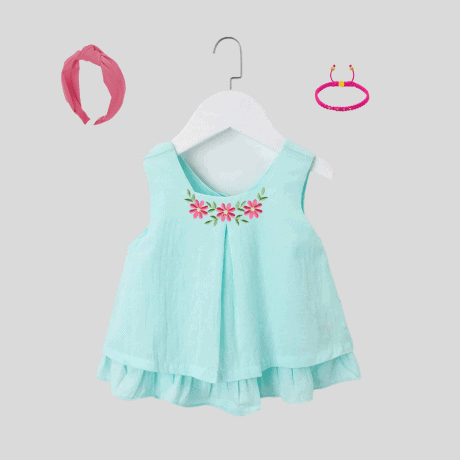 Girls sleeveless light blue top with cute floral print and back bow details and free hairband and bracelet-RKFCW214