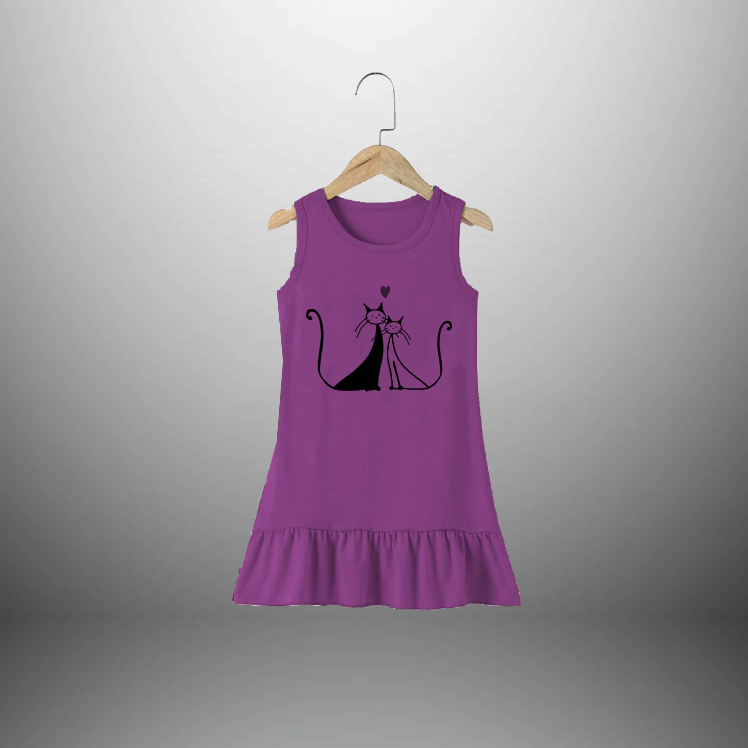 Girls Purple Sleeveless Pretty Cat Print Dress - RKFCW311