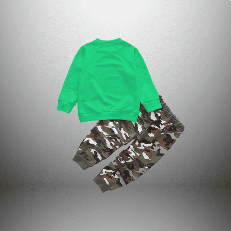 Boys Green Sweatshirt with a Fun Print and Camo Pant Set – RKFCW370
