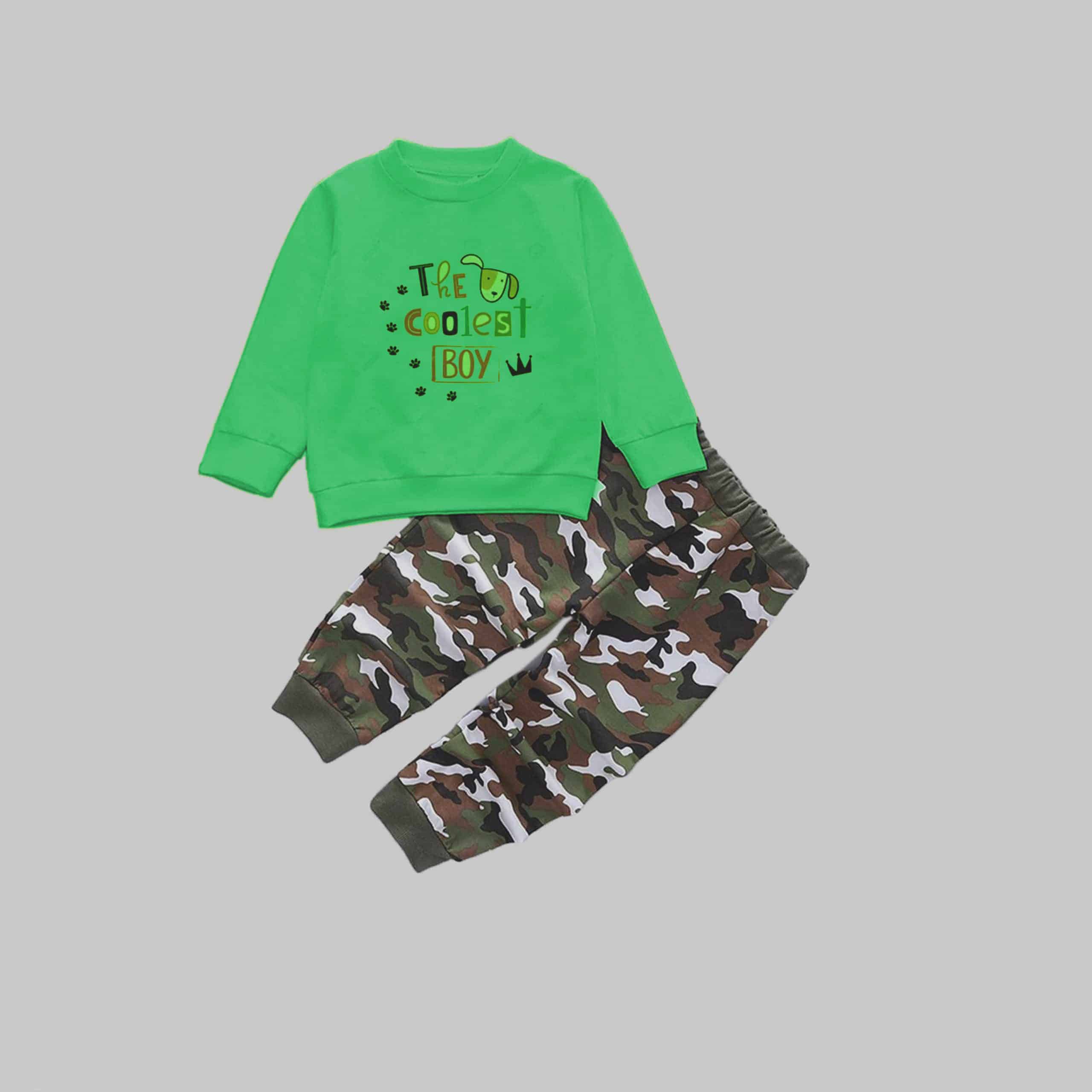 Boys Green Sweatshirt with a Fun Print and Camo Pant Set - RKFCW370