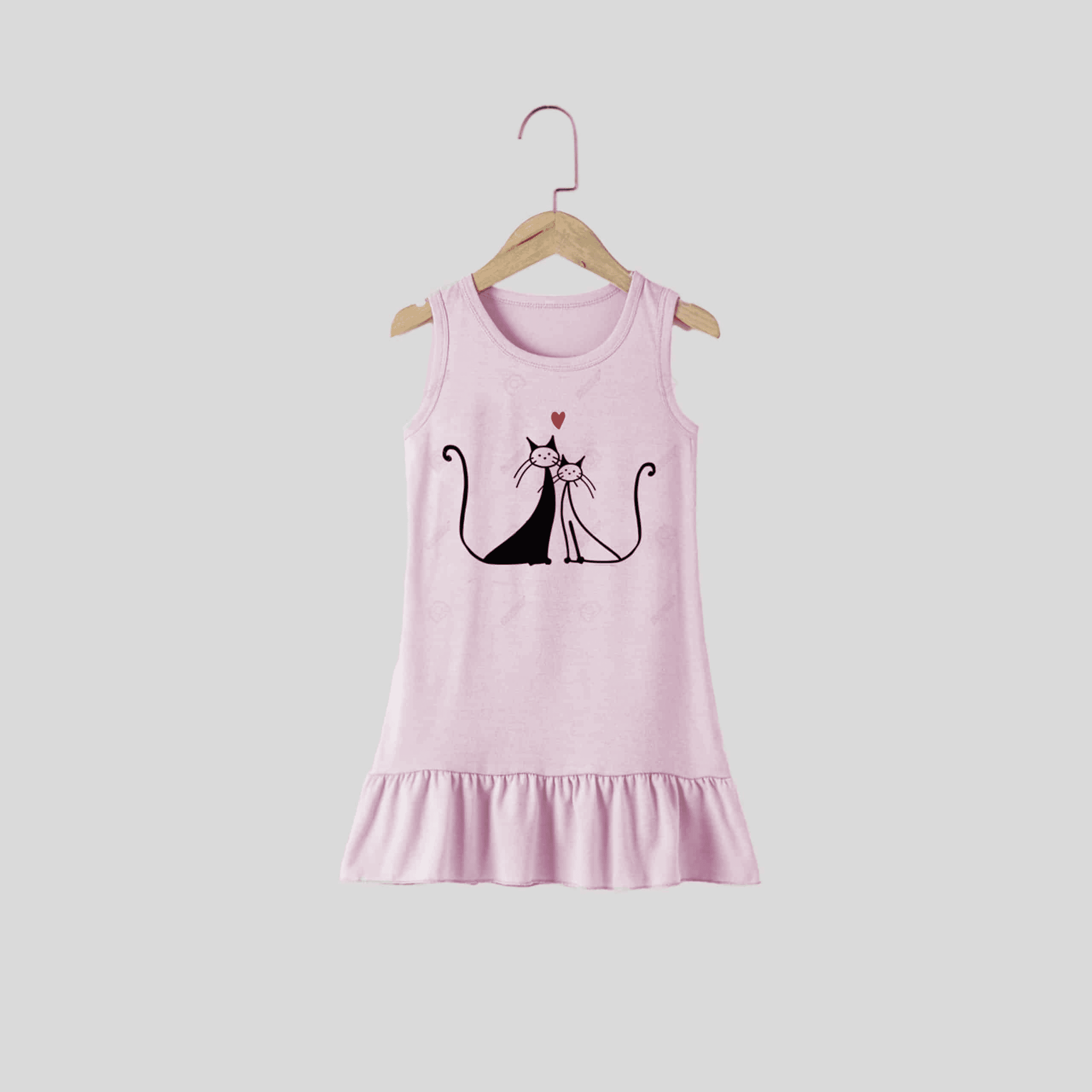 Girls Solid Nude Sleeveless Pretty Cat Print Dress - RKFCW310