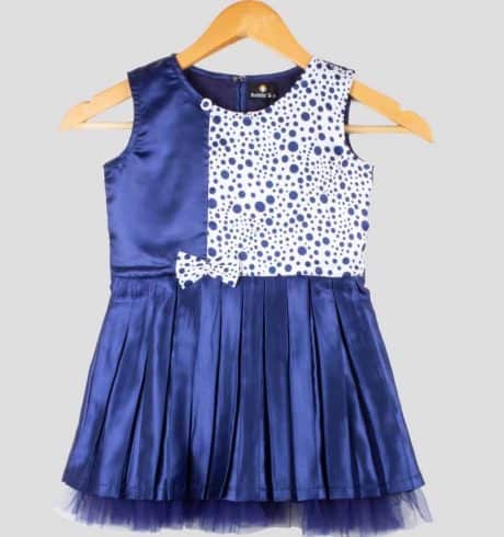 Girls Blue Pretty Pleated Party Frock with Polka Dots-RKFC014