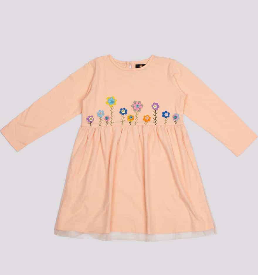 Girls 3D flower appliques peach party dress-RKFC017