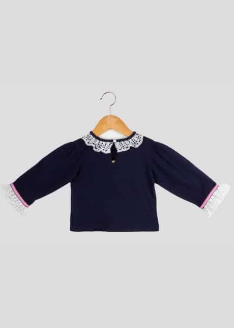 A Navy Blue Smart Top with Lace Collars. It Is Tied with A Pearl Button Behind-RKFC020