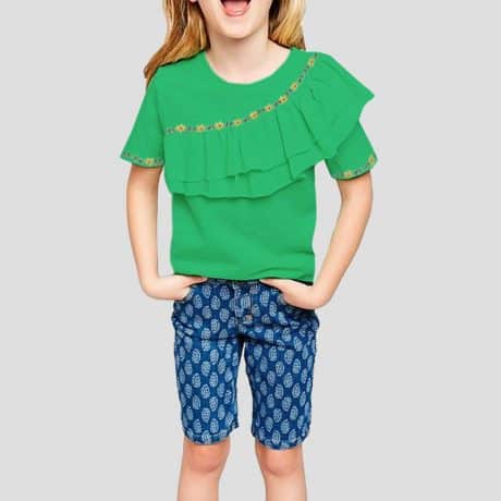 Girls shamrock green front ruffles with floral print top-RKFCGT005