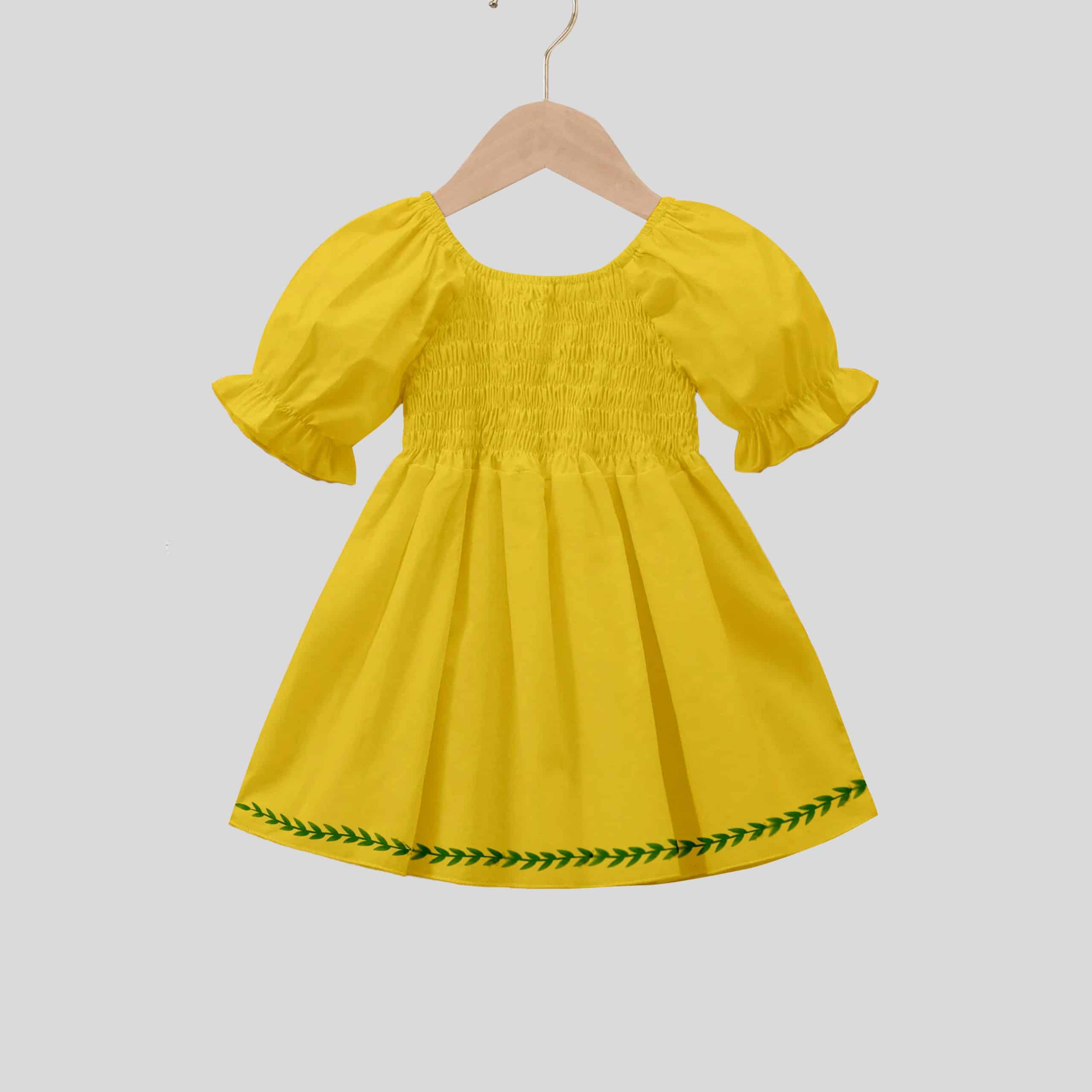 Girls yellow color dress with puff sleeve - RKFCW154