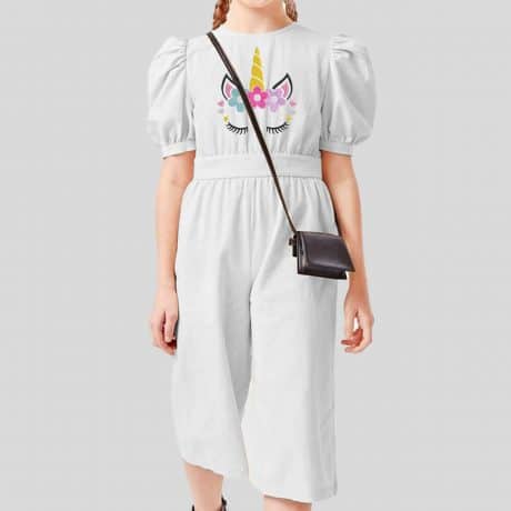 Girls white unicorn jumpsuit with puff sleeve – RKFCW155