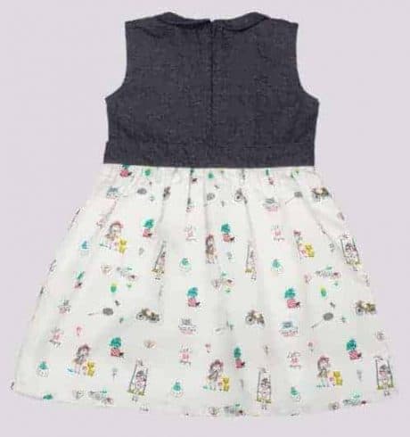 Girls Frock with Smocking, Multicolor Button Details Denim, and Nursery Print-RKFCW17