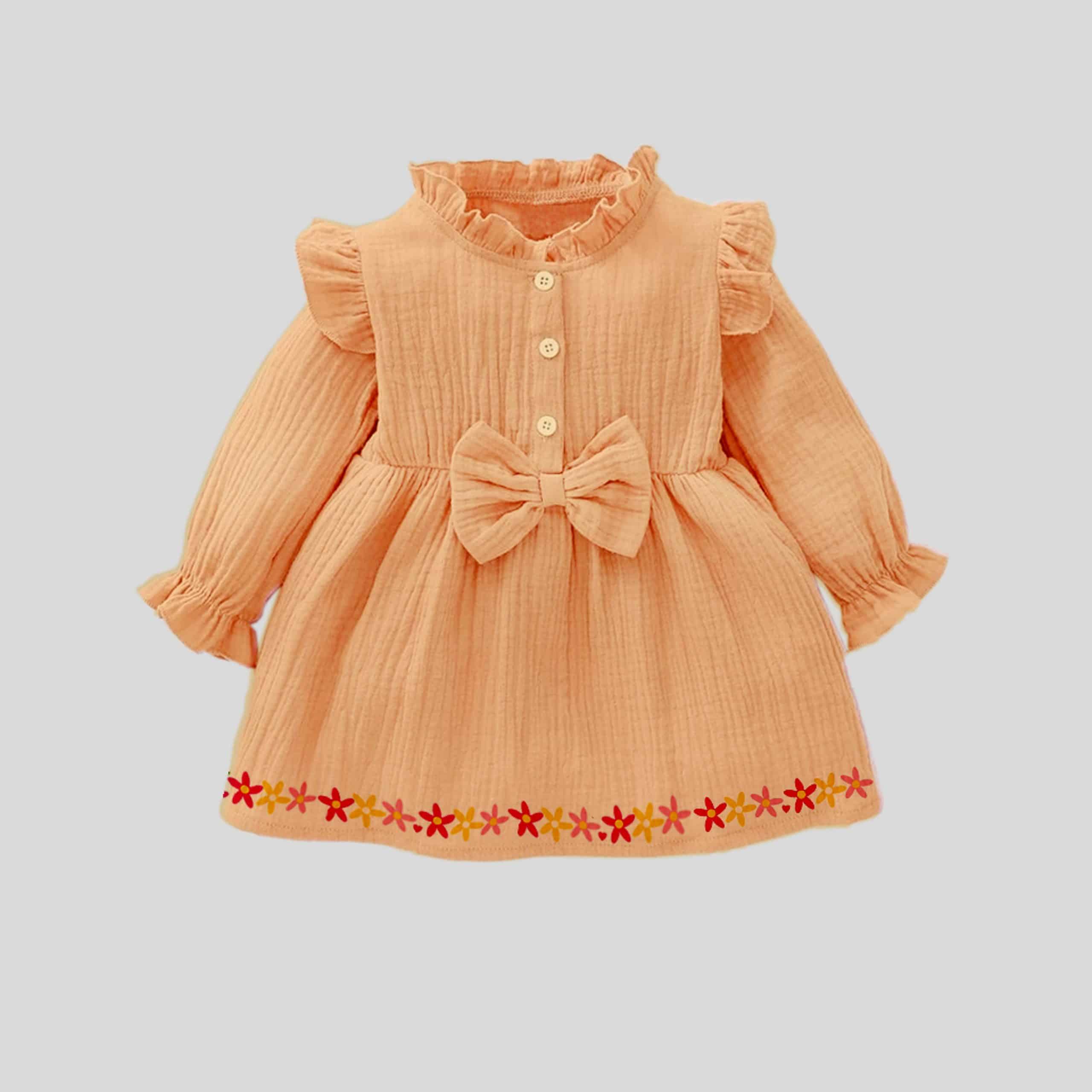 Girls delicate peach frill collar full sleeve dress with a cute bow and floral print trim-RKFCW185