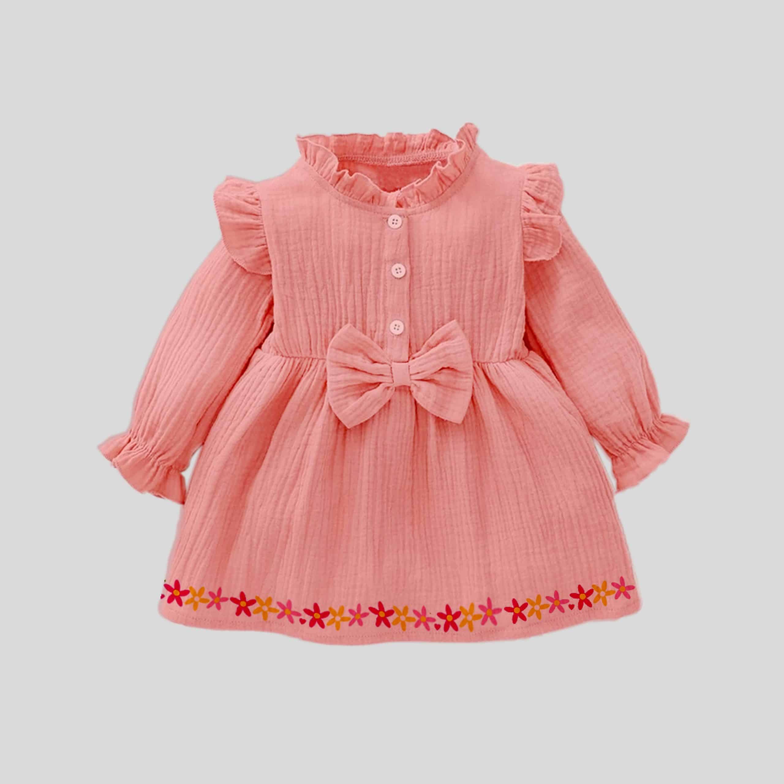 Girls delicate pink frill collar full sleeve dress with a cute bow and floral print trim- RKFCW186