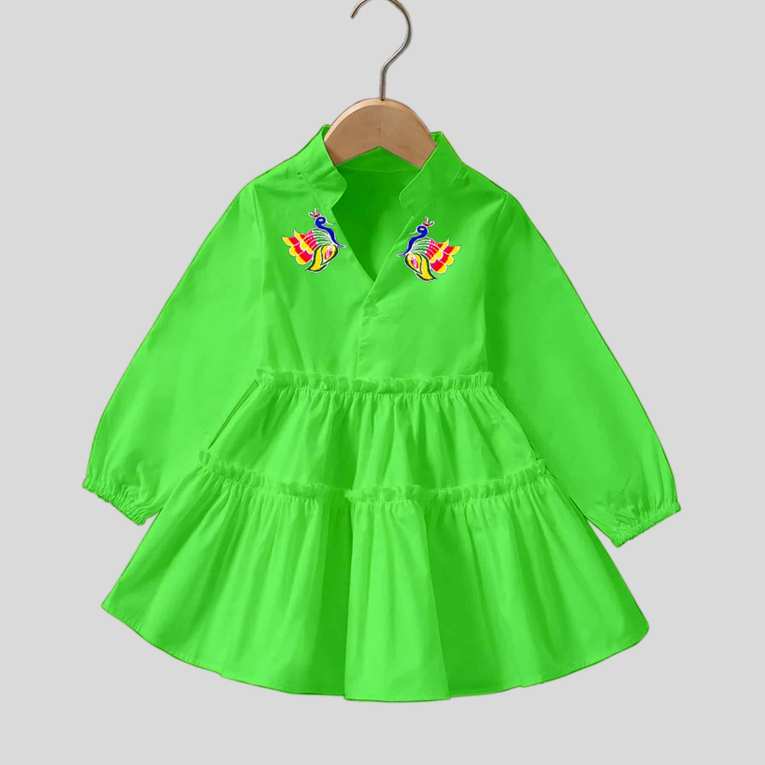 Green butterfly print frock for casual wear will frilled bottom- RKFCW193