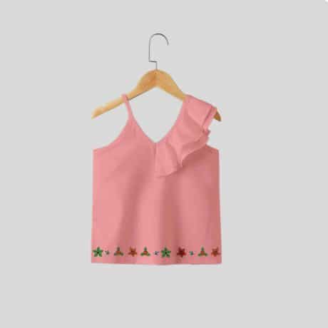 light pink strap with one shoulder frills top for party wear with floral print at bottom-RKFCW202