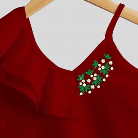 maroon strap with one shoulder frills top for party wear with floral print at neck-RKFCW203