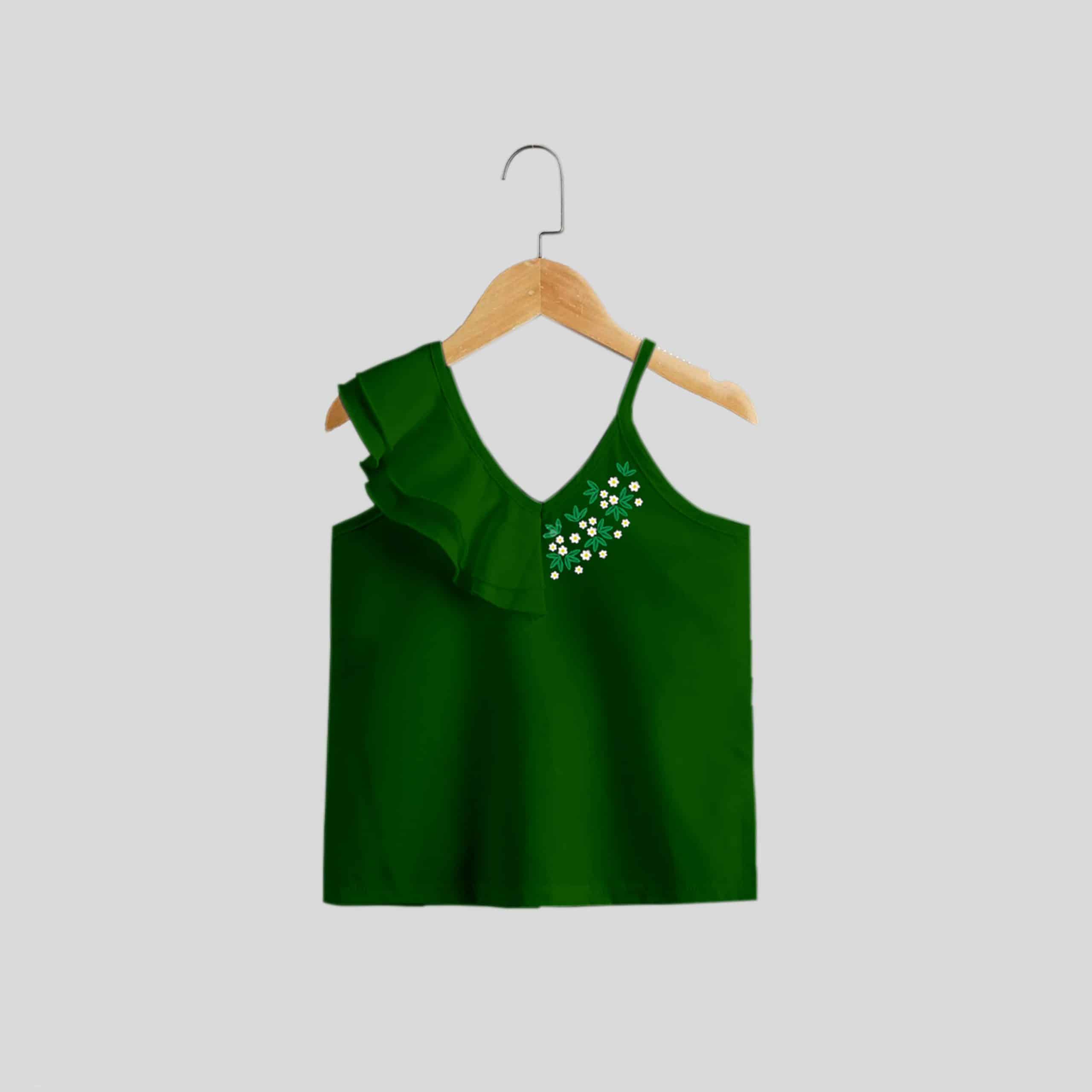 green strap with one shoulder frills top for party wear with floral print at neck-RKFCW204
