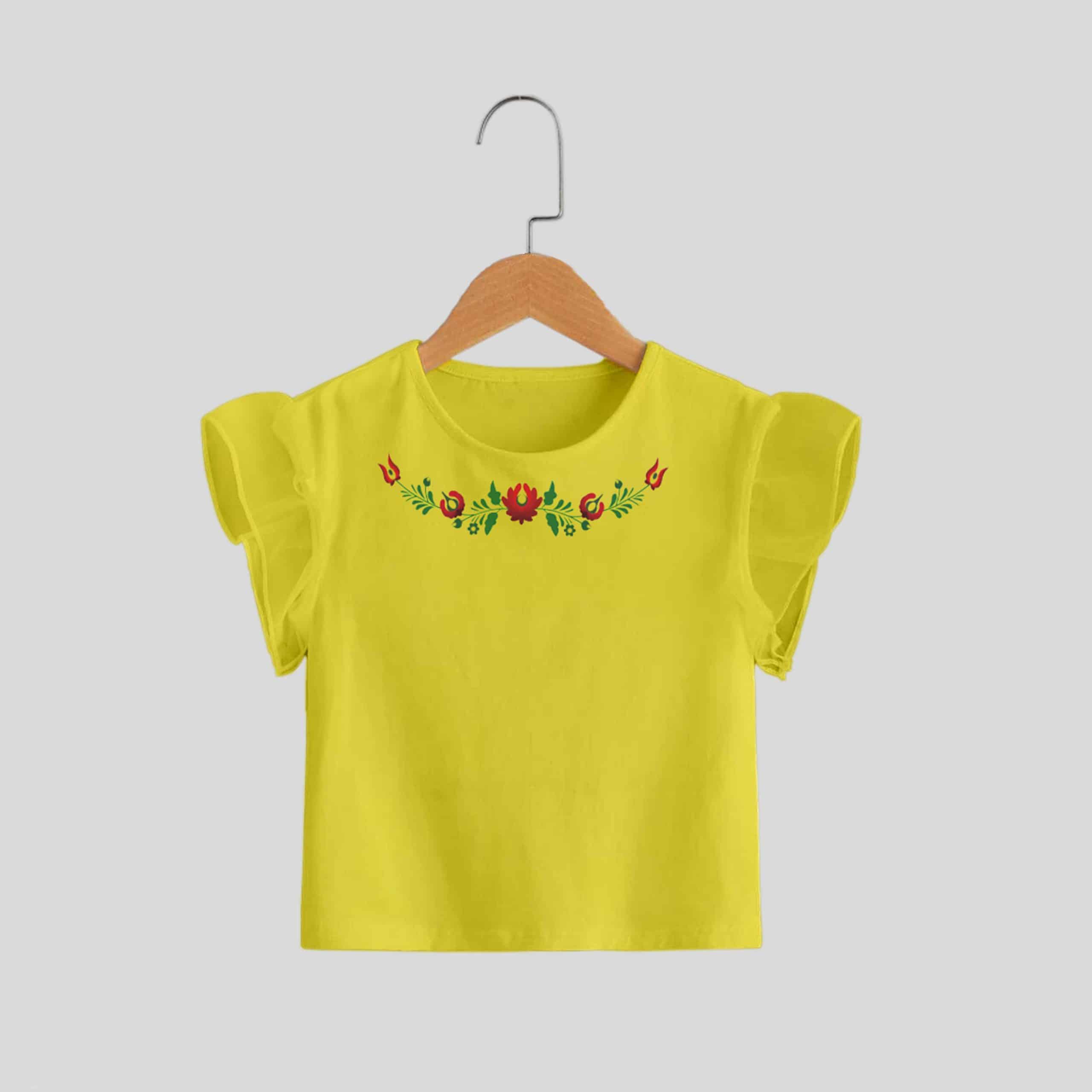 yellow girls top floral with-top flared cap sleeve for party wear-RKFCW208