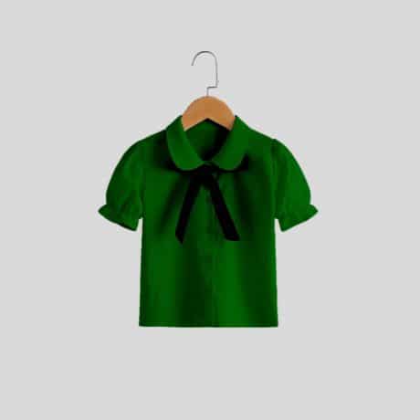 Dark Green, Peter Pan Collar With Bow and Puff Sleeve-RKFCW209