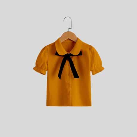 Mustered yellow, peter pan collar with bow and puff sleeve-RKFCW210
