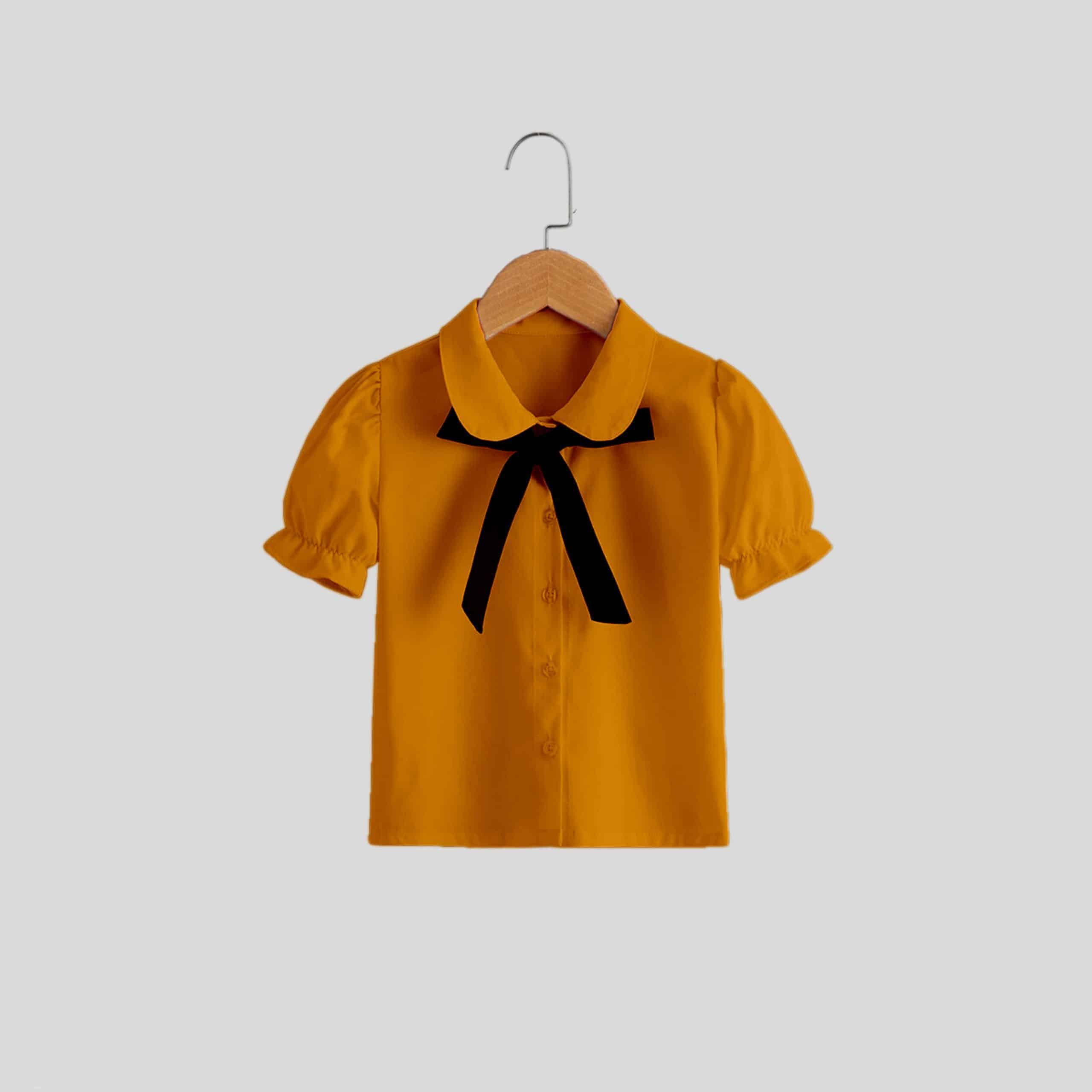 Mustered yellow, peter pan collar with bow and puff sleeve-RKFCW210