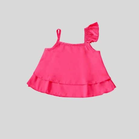 Pink color casual wear shoulder strap, a-line top with frills on right shoulder-RKFCW212
