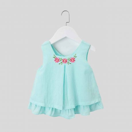 Girls sleeveless light blue top with cute floral print and back bow details-RKFCW214