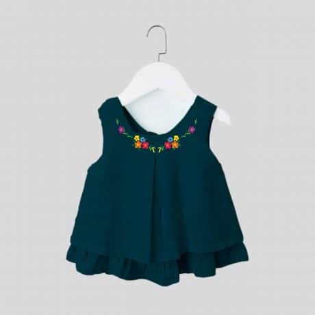 Girls sleeveless oxford blue top with cute floral print and back bow details-RKFCW215