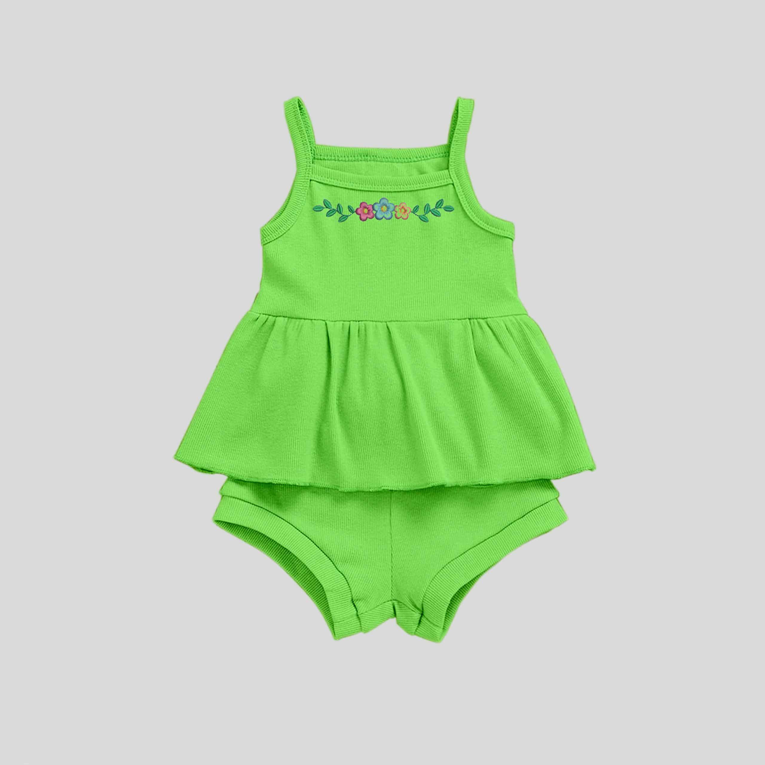 Girls bright green spaghetti top with cute floral print details and shorts set-RKFCW223