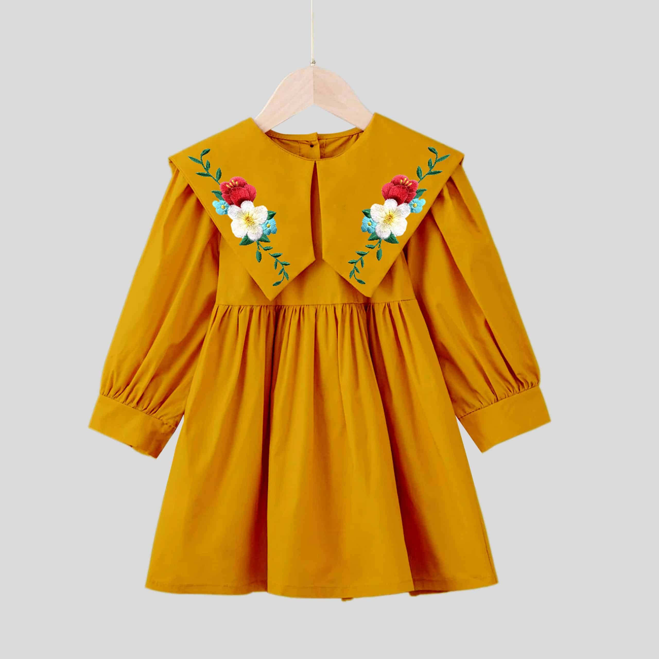Girls yellow full sleeves pointed cape collars with pretty floral print-RKFCW224