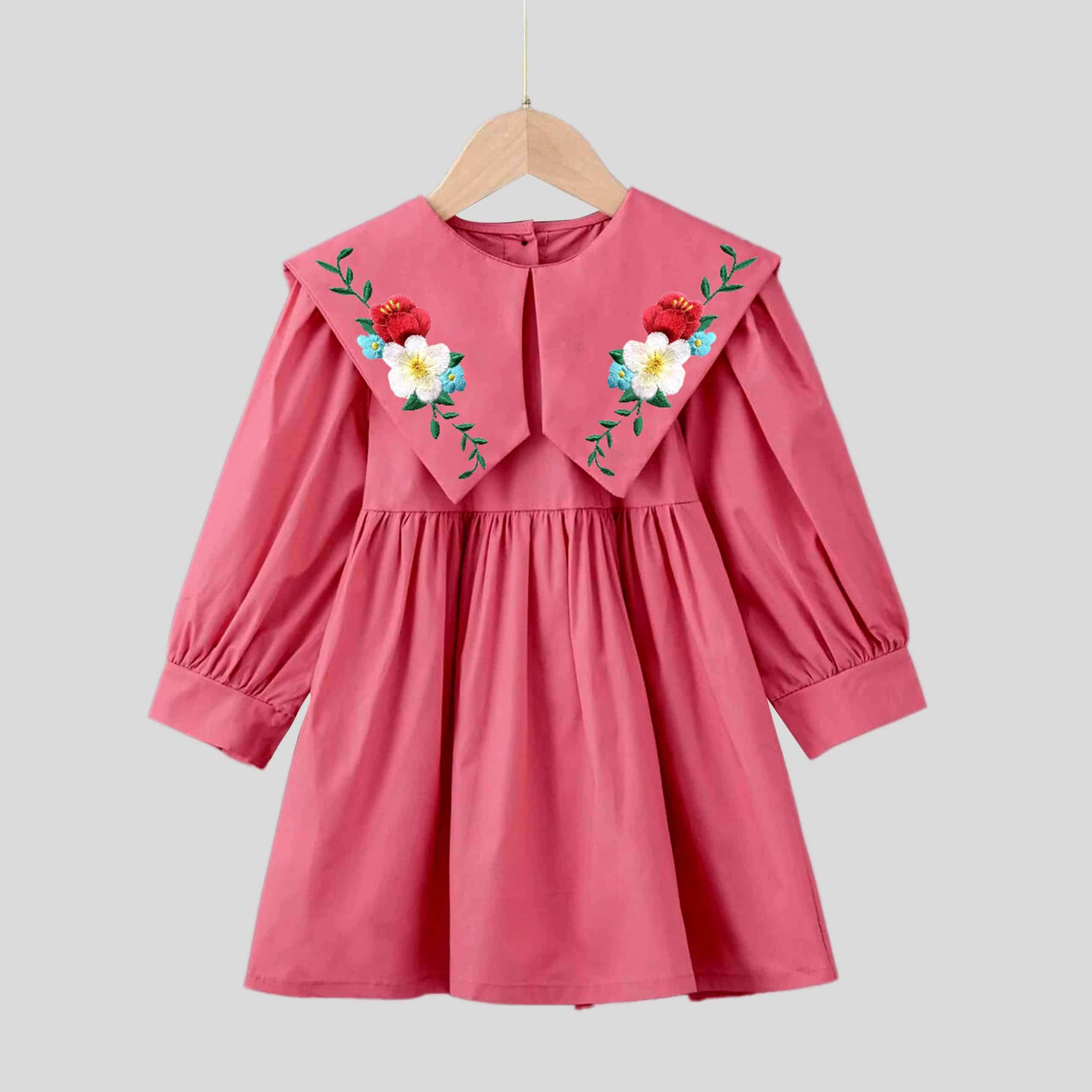 Girls pink full sleeves pointed cape collars with pretty floral print-RKFCW226