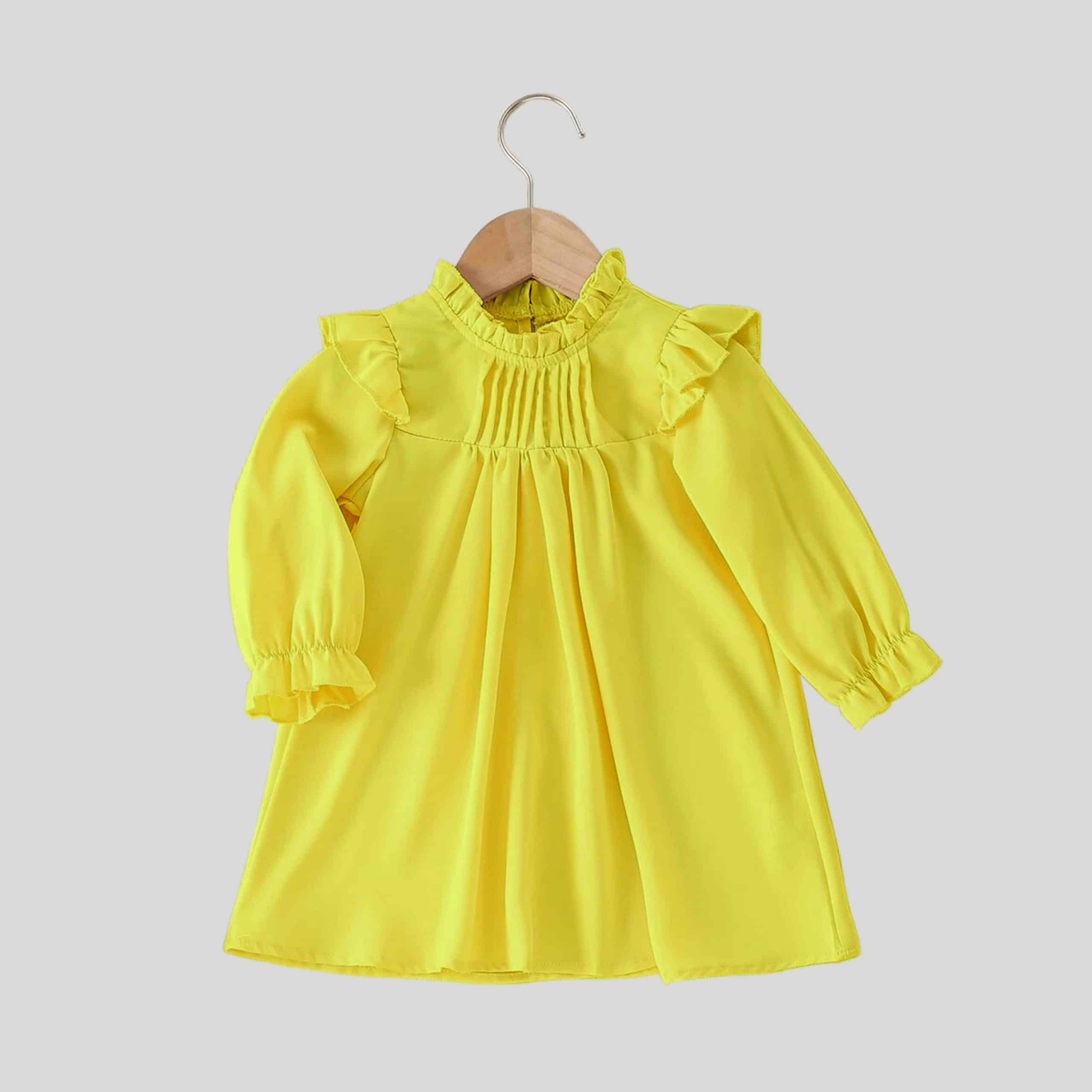 Girls yellow full sleeves frill collar and tiny pleated yoke-RKFCW229