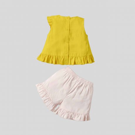 Girls sleeveless yellow top with cute frill detail and shorts set-RKFCW232