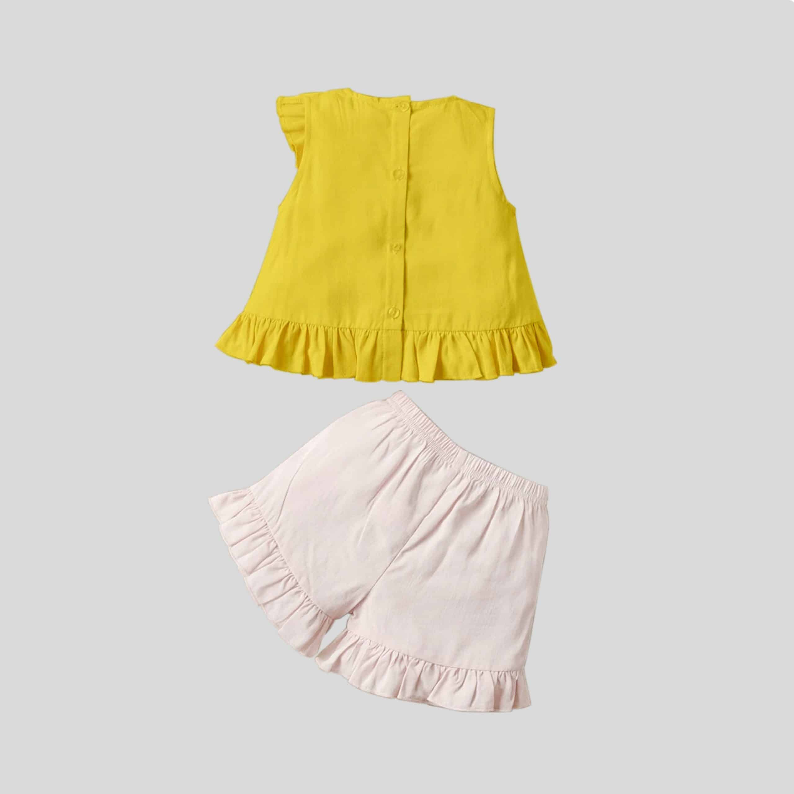 Girls sleeveless yellow top with cute frill detail and shorts set-RKFCW232