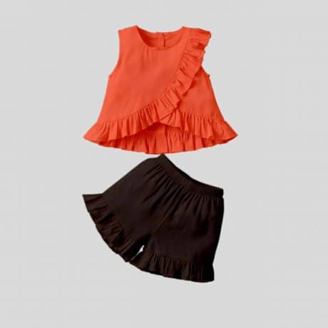 Girls sleeveless orange top with cute frill detail and black shorts set-RKFCW233