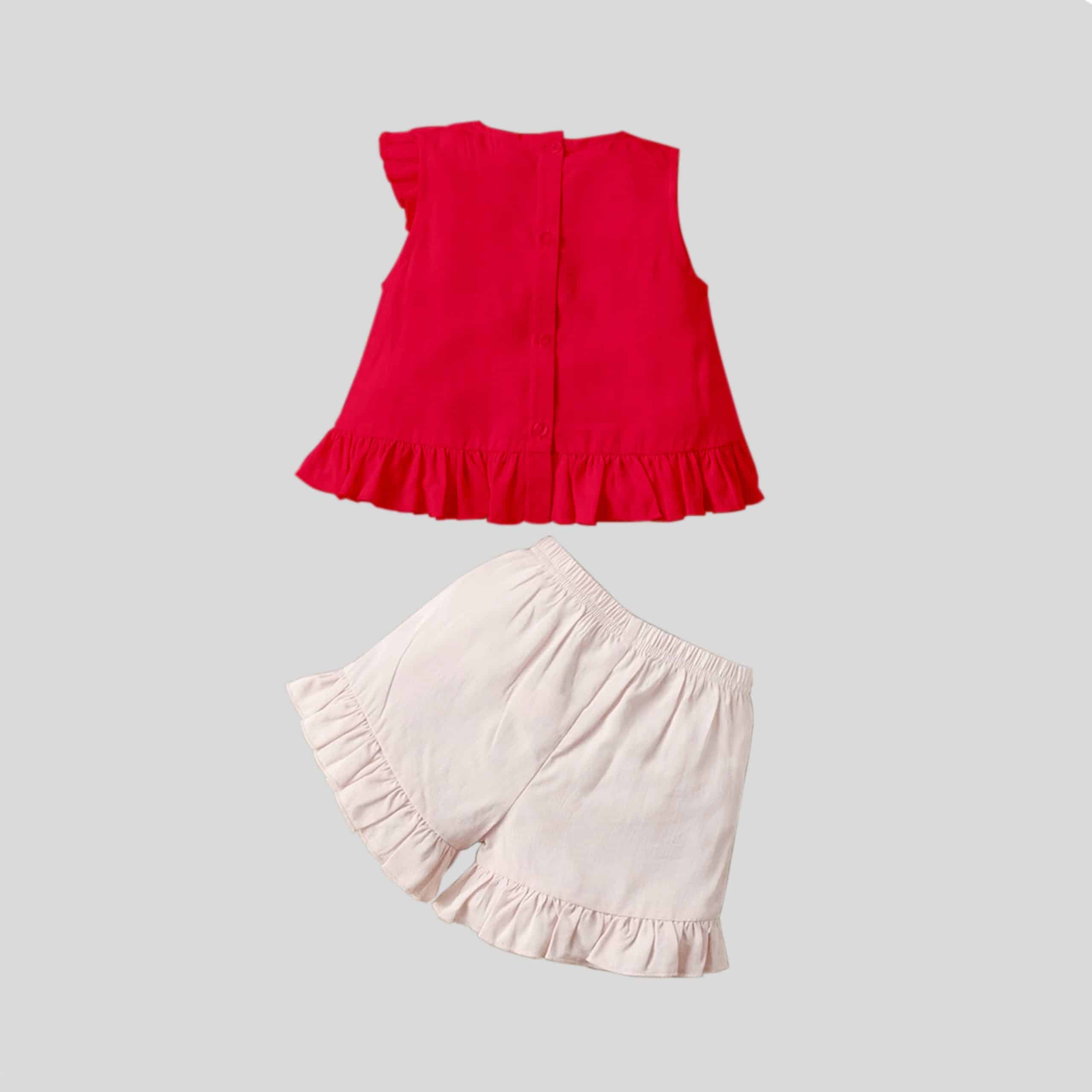 Girls sleeveless red top with cute frill detail and shorts set-RKFCW234