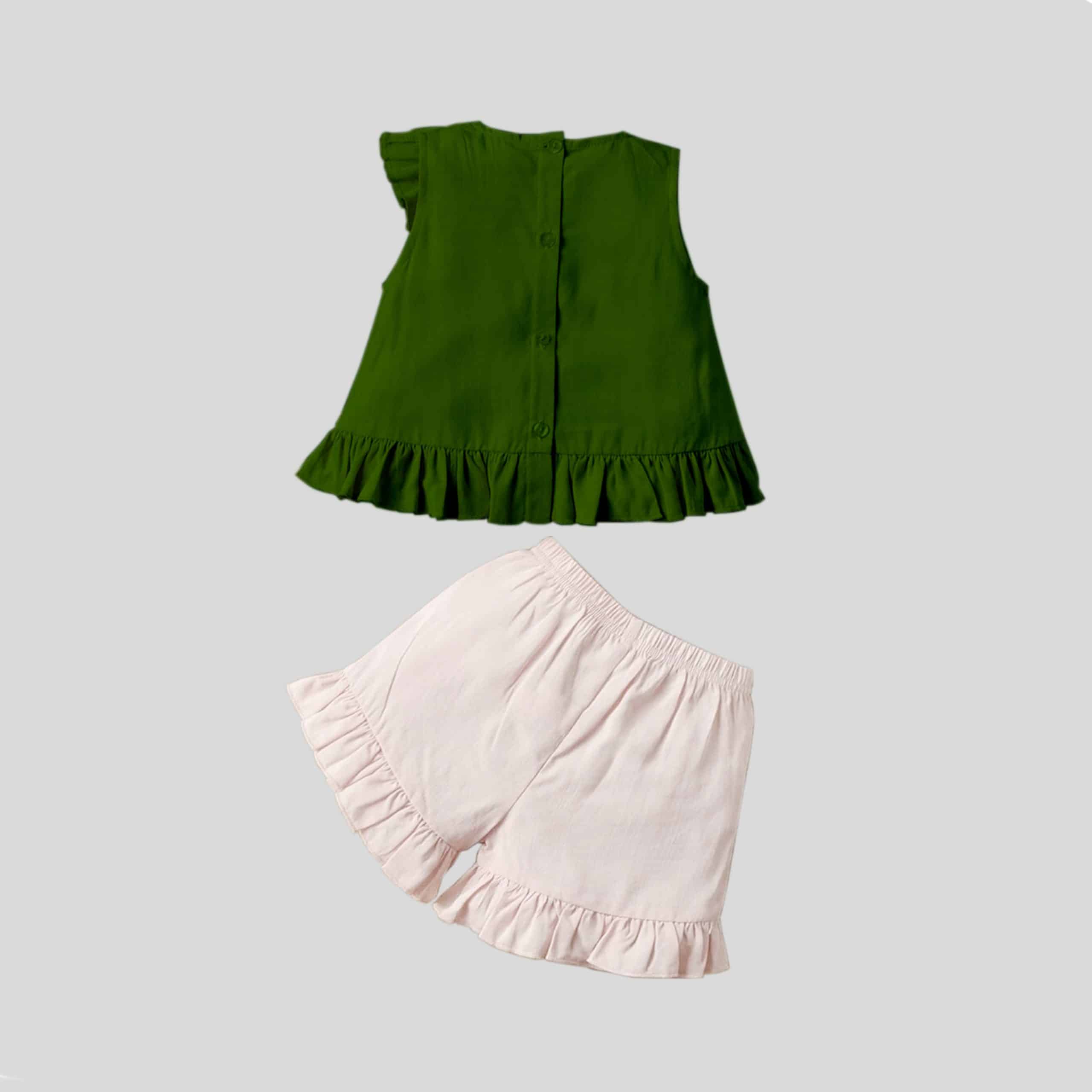 Girls sleeveless green top with cute frill detail and shorts set-RKFCW235
