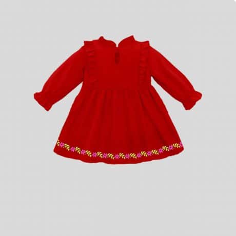 Girls frill and bow tie yoke, full sleeves pretty red dress with floral trim-RKFCW236