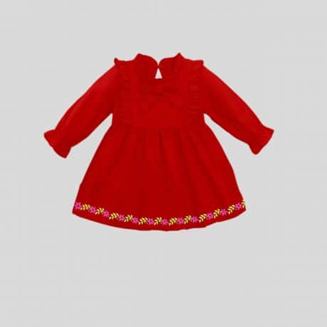 Girls frill and bow tie yoke, full sleeves pretty red dress with floral trim-RKFCW236