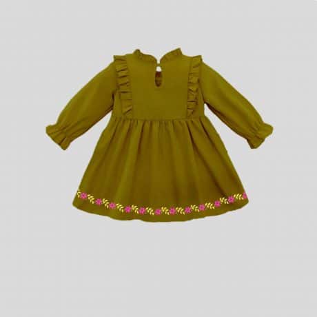Girls frill and bow tie yoke, full sleeves pretty green dress with floral trim-RKFCW238