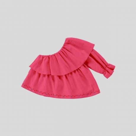 Girls one-shoulder pink frill top with cute floral print-RKFCW242