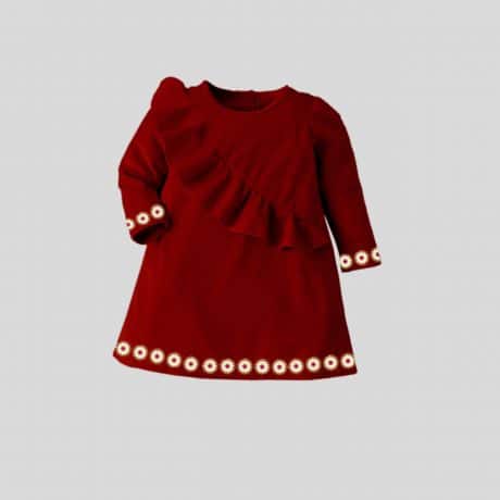 Girls full sleeves maroon dress with frill sash detail and floral trim-RKFCW245